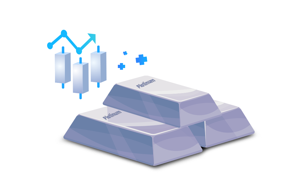An illustration of platinum bars and trading charts