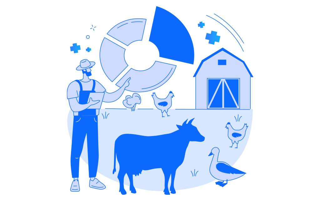 An illustration of a farmer with cattle and birds on a farm
